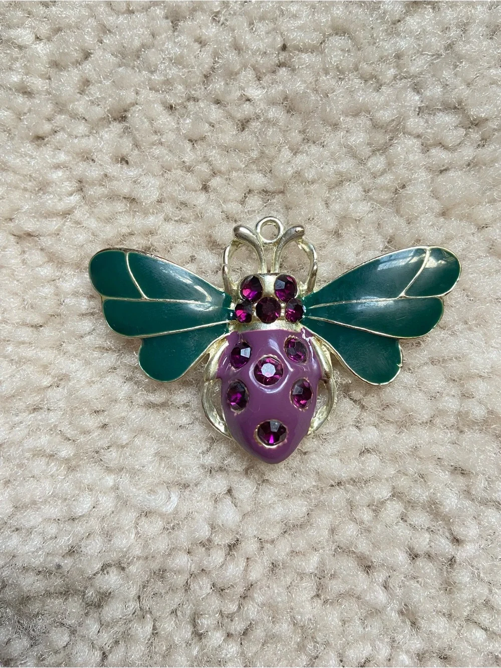 Statement Silver Beetle Pendant with Purple & Teal Enamel, Purple Rhinestones